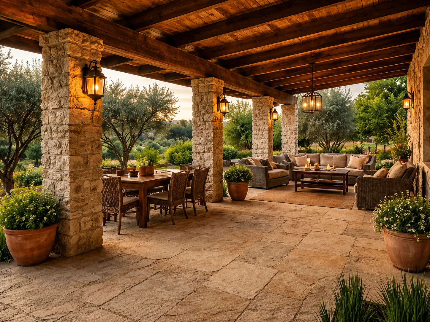 Terrasse couverte avec piliers en pierre et charpente bois